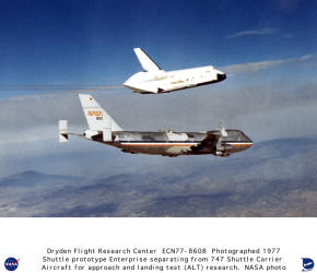 The Space Shuttle prototype Enterprise flies free of NASA's 747 Shuttle Carrier Aircraft (SCA) during one of five free flights carried out at the Dryden Flight Research Facility, Edwards, California in 1977 as part of the Shuttle program's Approach and Landing Tests (ALT). The tests were conducted to verify orbiter aerodynamics and handling characteristics in preparation for orbital flights with the Space Shuttle Columbia. A tail cone over the main engine area of Enterprise smoothed out turbulent airflow during flight. It was removed on the two last free flights to accurately check approach and landing characteristics.